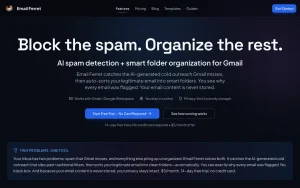 Email Ferret features page — screenshot of the productivity & writing AI tool, 2026-10-02