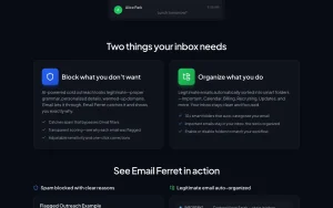 Email Ferret homepage — screenshot of the productivity & writing AI tool, 2026-10-02