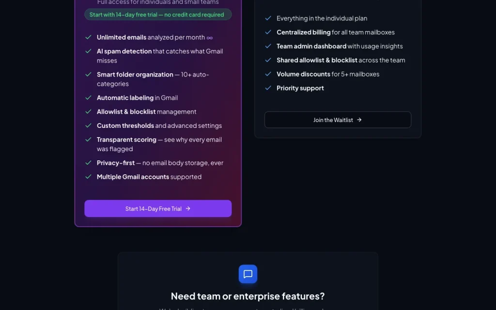 Email Ferret page de tarifs avec offres et prix — capture d'écran de l'outil d'IA productivité et rédaction, Oct 2, 2026