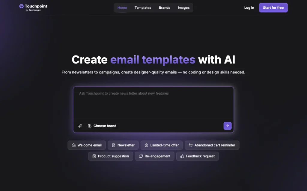 Touchpoint Email Template Builder página inicial: captura de tela da ferramenta de IA produtividade & escrita, Oct 2, 2026