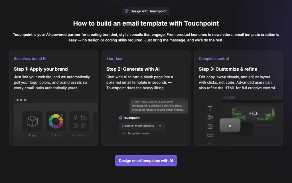 Touchpoint Email Template Builder page d'accueil — capture d'écran de l'outil d'IA productivité et rédaction, Oct 2, 2026