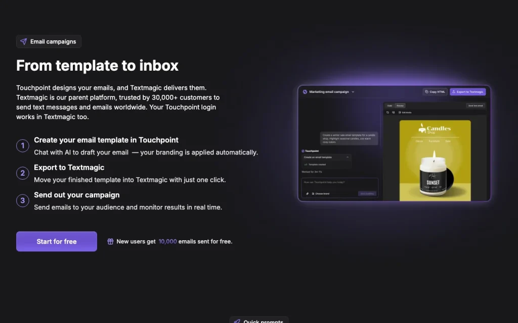 Touchpoint Email Template Builder page d'accueil — capture d'écran de l'outil d'IA productivité et rédaction, Oct 2, 2026