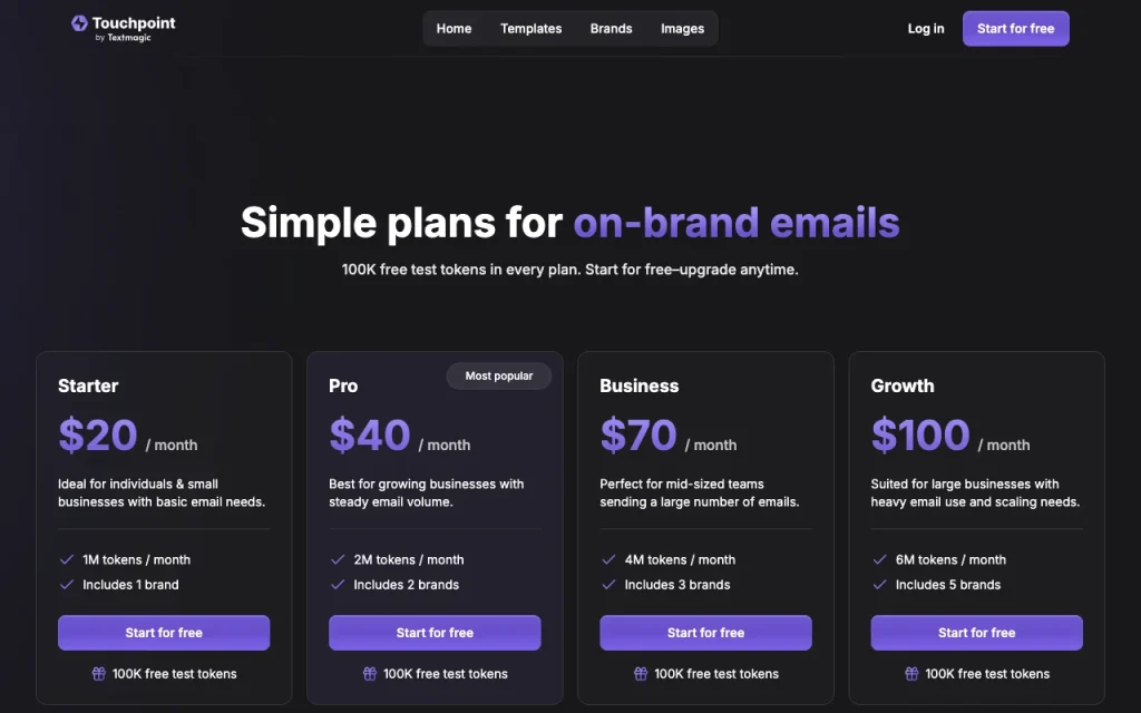 Touchpoint Email Template Builder page de tarifs avec offres et prix — capture d'écran de l'outil d'IA productivité et rédaction, Oct 2, 2026