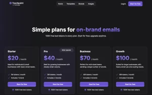 Touchpoint Email Template Builder pricing page with plans and prices — screenshot of the productivity & writing AI tool, 2026-10-02