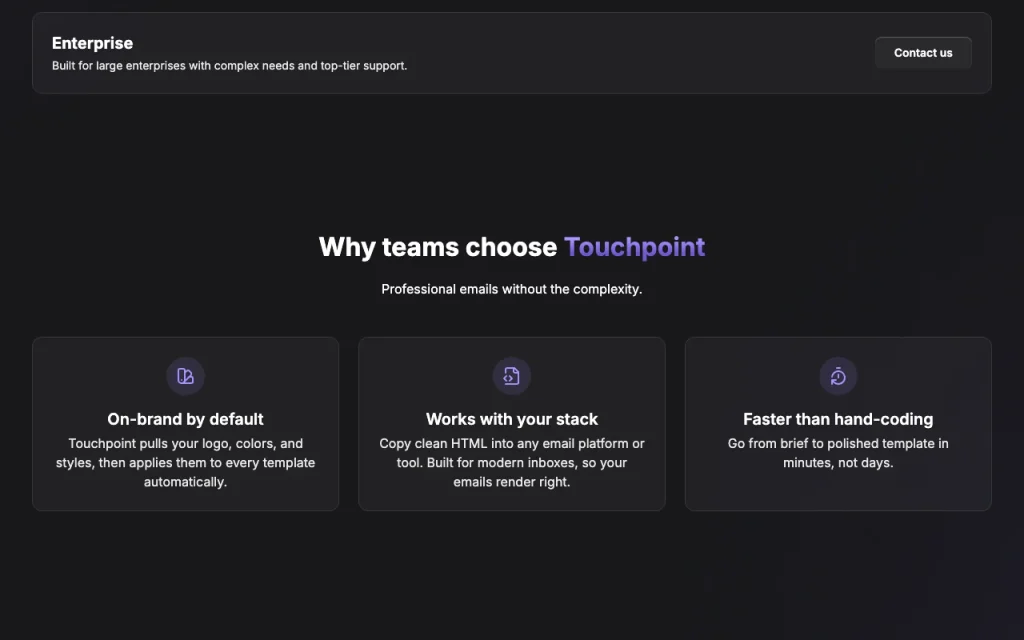 Touchpoint Email Template Builder page de tarifs avec offres et prix — capture d'écran de l'outil d'IA productivité et rédaction, Oct 2, 2026