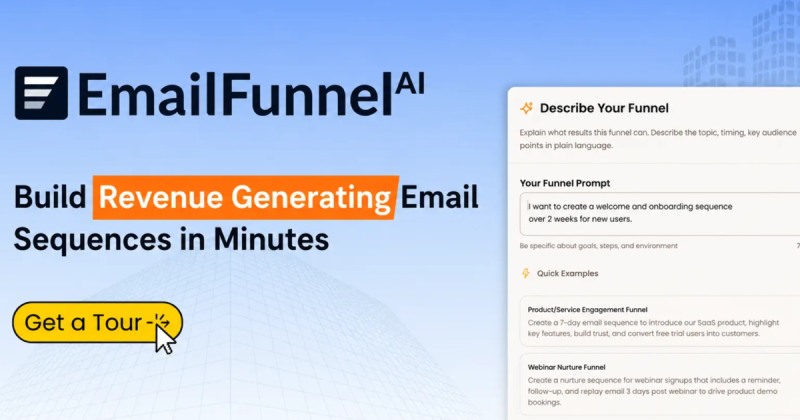 EmailFunnel AI Startseite, Screenshot, KI-Tool produktivität & schreiben