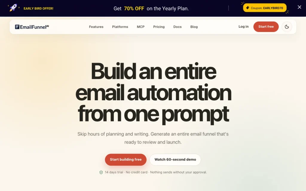 EmailFunnel AI Startseite – Screenshot des KI-Tools produktivität & schreiben, Oct 1, 2026