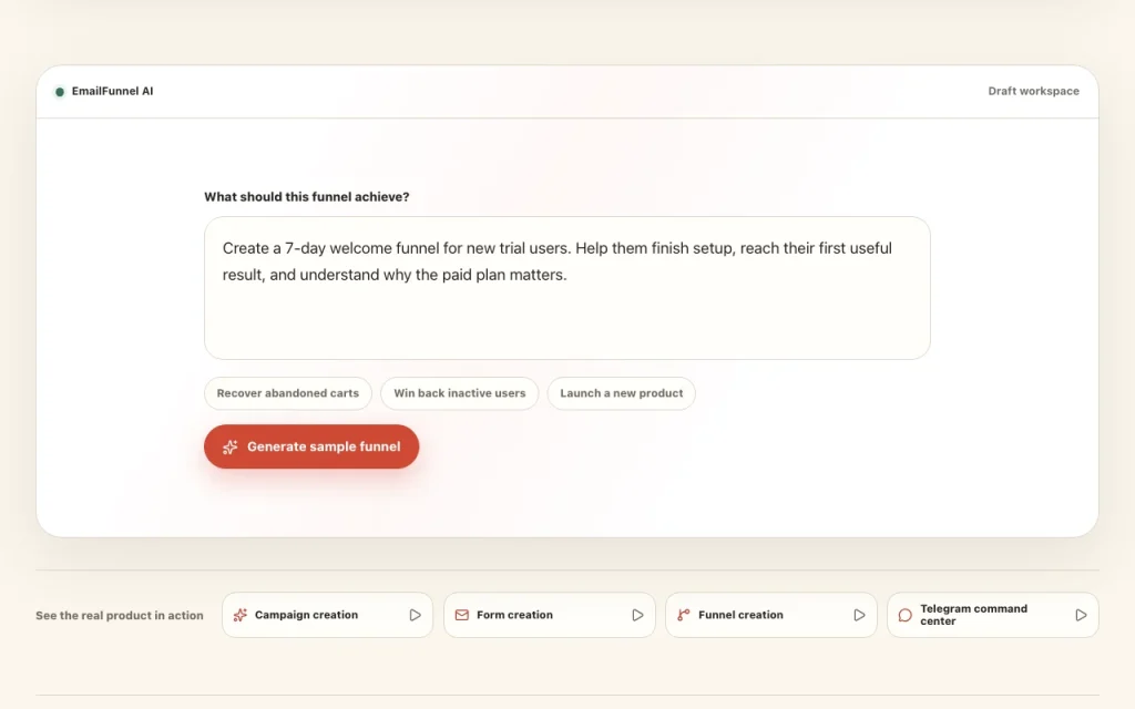 EmailFunnel AI page d'accueil — capture d'écran de l'outil d'IA productivité et rédaction, Oct 1, 2026