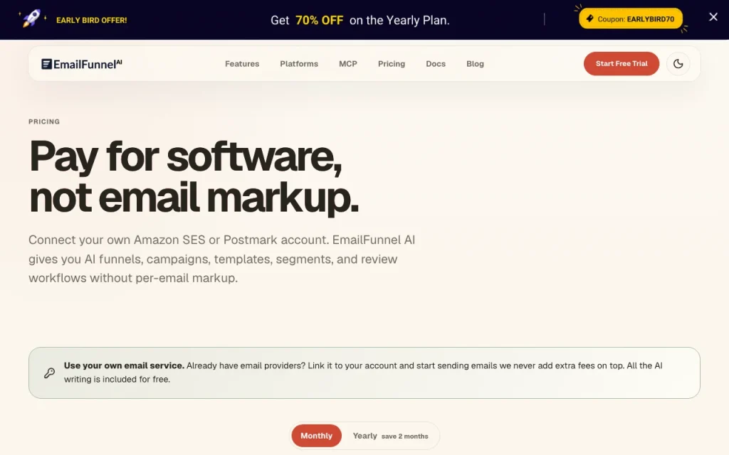 EmailFunnel AI page de tarifs avec offres et prix — capture d'écran de l'outil d'IA productivité et rédaction, Oct 1, 2026
