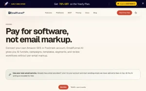 EmailFunnel AI pricing page with plans and prices — screenshot of the productivity & writing AI tool, 2026-10-01