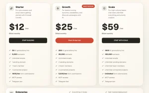EmailFunnel AI pricing page with plans and prices — screenshot of the productivity & writing AI tool, 2026-10-01