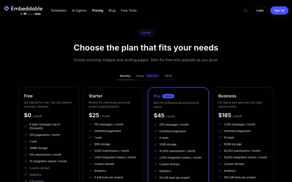 Embeddable page de tarifs avec offres et prix — capture d'écran de l'outil d'IA productivité et rédaction, Oct 2, 2026