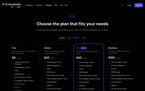 Embeddable pricing page with plans and prices — screenshot of the productivity & writing AI tool, 2026-10-02