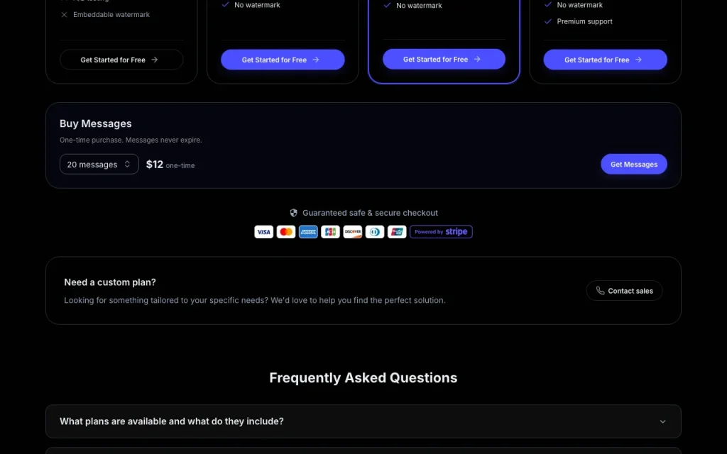 Embeddable page de tarifs avec offres et prix — capture d'écran de l'outil d'IA productivité et rédaction, Oct 2, 2026