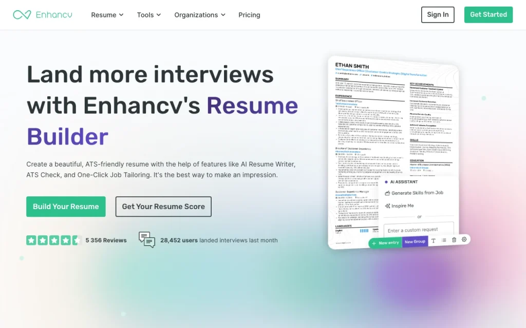 Enhancv homepage — screenshot of the productivity & writing AI tool, Oct 13, 2026