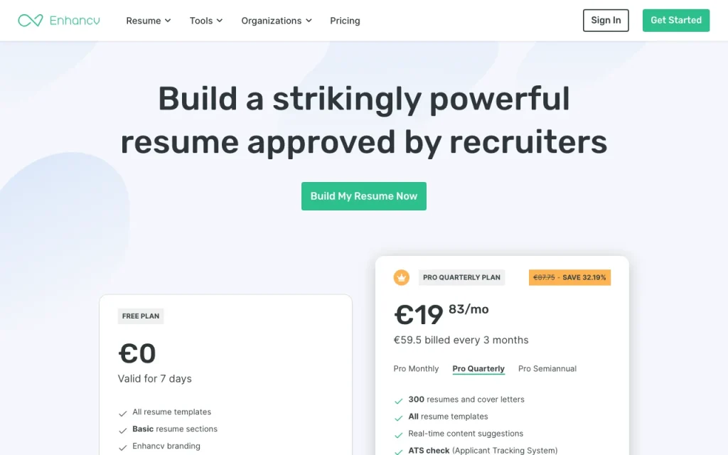 Enhancv pricing page with plans and prices — screenshot of the productivity & writing AI tool, Oct 13, 2026