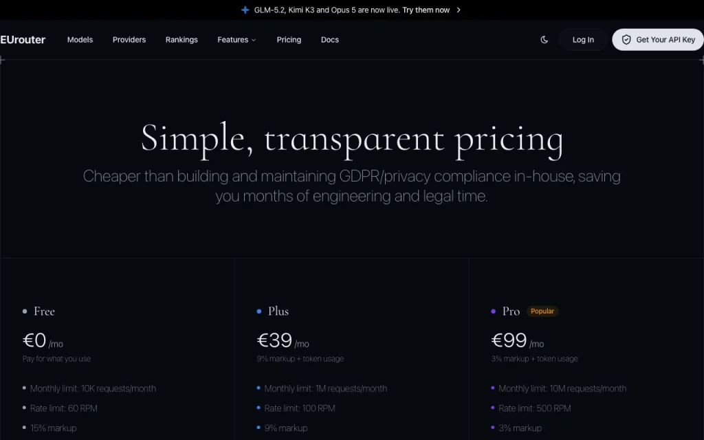 EUrouter pricing page with plans and prices — screenshot of the coding AI tool, Oct 1, 2026