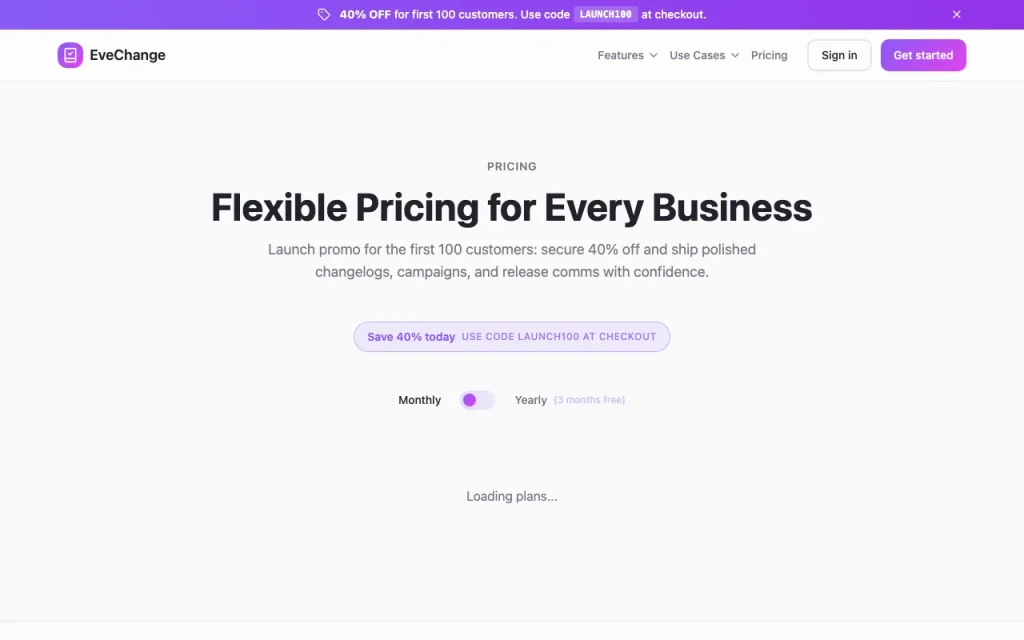 EveChange pricing page with plans and prices — screenshot of the productivity & writing AI tool, Oct 2, 2026