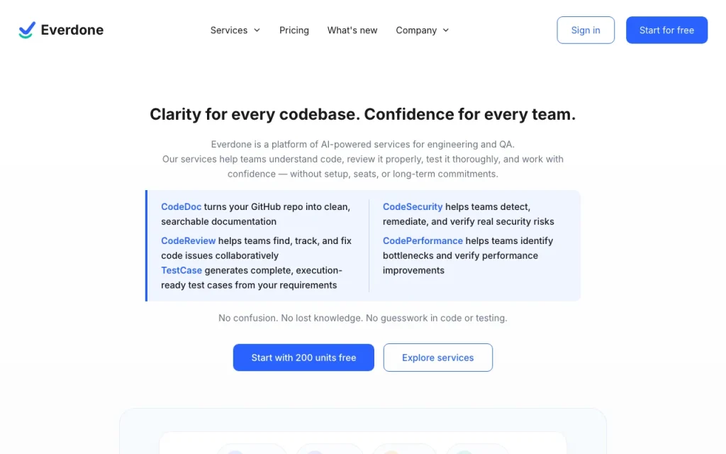Everdone homepage screenshot, coding AI tool