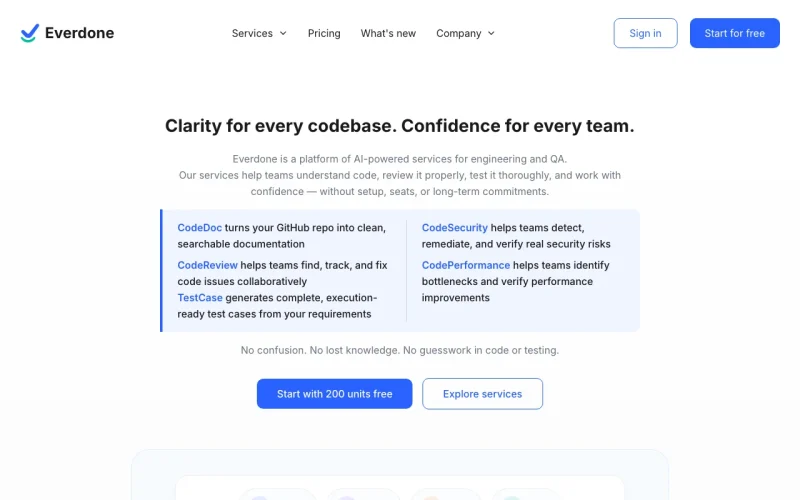 Everdone homepage screenshot, coding AI tool