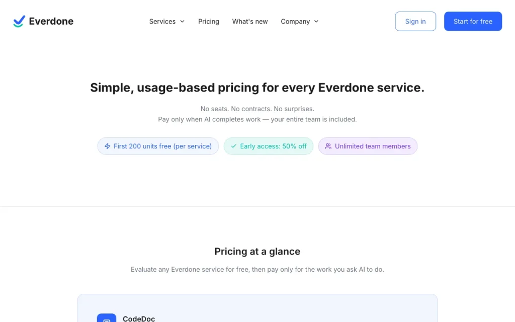 Everdone pricing page with plans and prices — screenshot of the coding AI tool, Oct 2, 2026