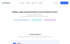 Everdone pricing page with plans and prices — screenshot of the coding AI tool, 2026-10-02