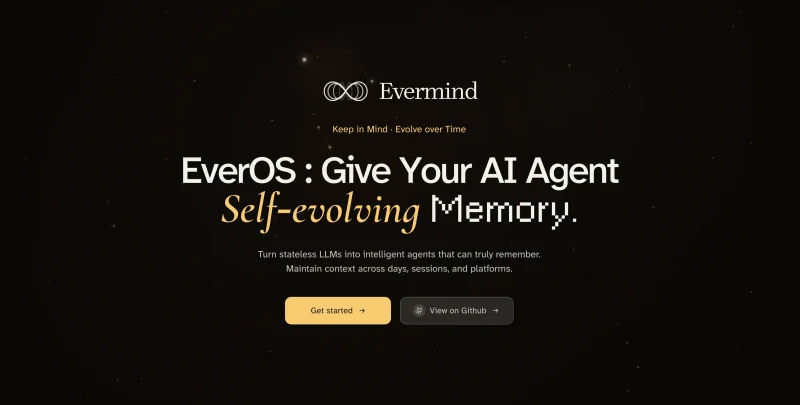 EverMind (EverOS) homepage screenshot, coding AI tool