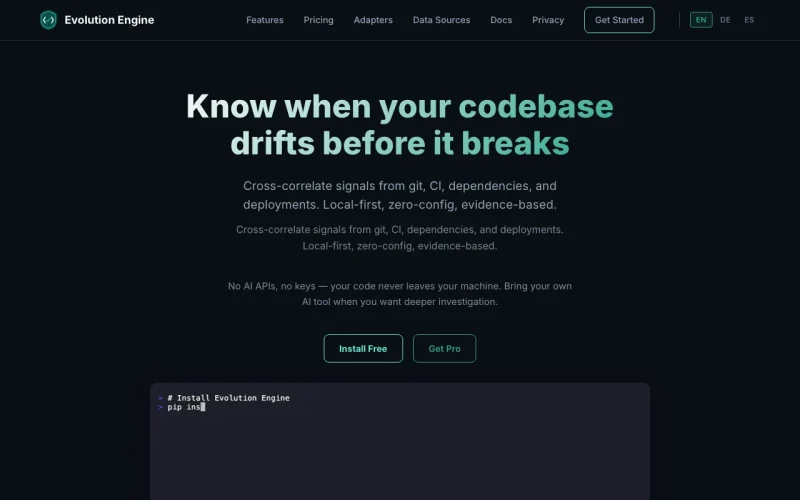 Evolution Engine (evo) by CodeQual homepage screenshot, coding AI tool