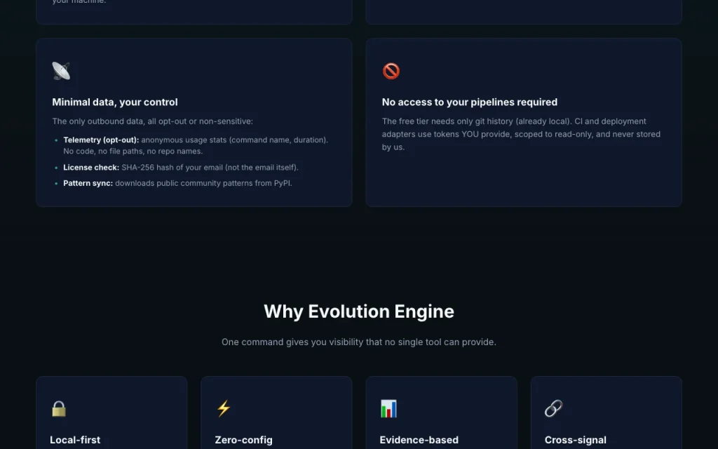 Evolution Engine (evo) by CodeQual homepage — screenshot of the coding AI tool, Oct 2, 2026