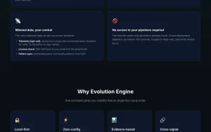 Evolution Engine (evo) by CodeQual homepage — screenshot of the coding AI tool, 2026-10-02