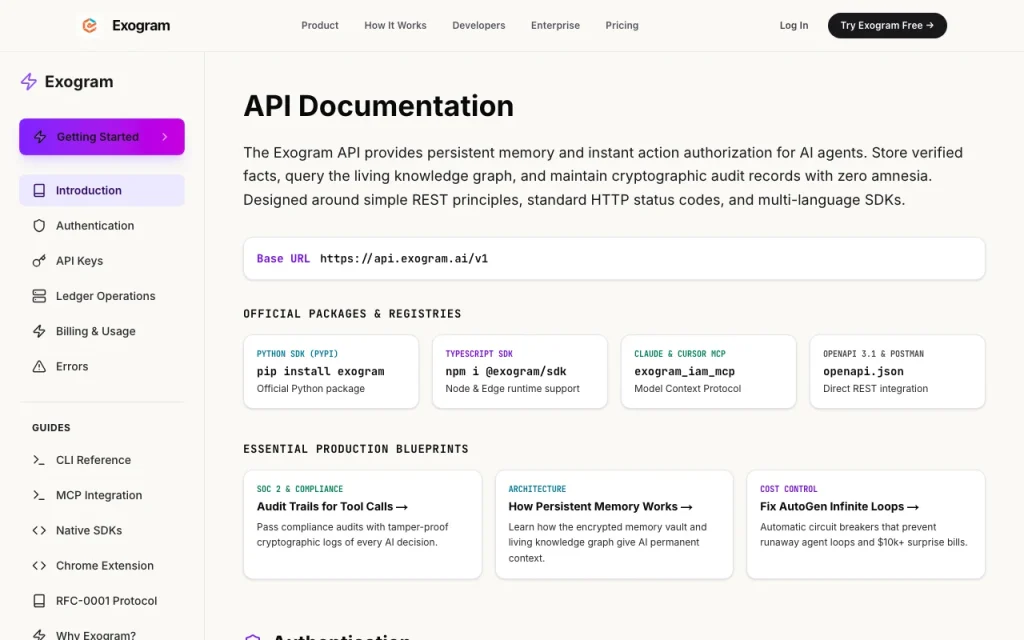 Exogram API documentation — screenshot of the chat assistants AI tool, Oct 2, 2026