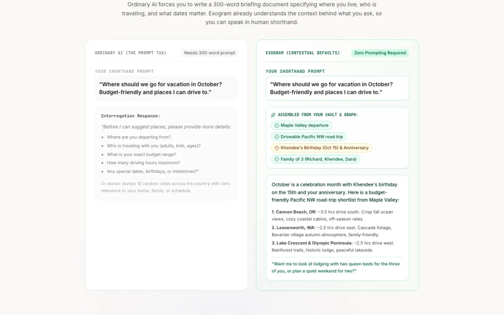 Exogram homepage — screenshot of the chat assistants AI tool, Oct 2, 2026