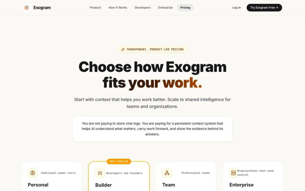 Exogram pricing page with plans and prices — screenshot of the chat assistants AI tool, Oct 2, 2026