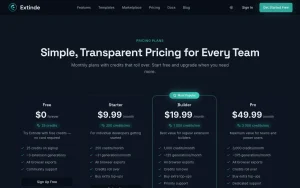 Extinde pricing page homepage screenshot, coding AI tool