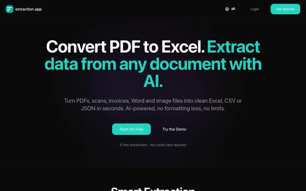 extraction.app homepage screenshot, productivity & writing AI tool