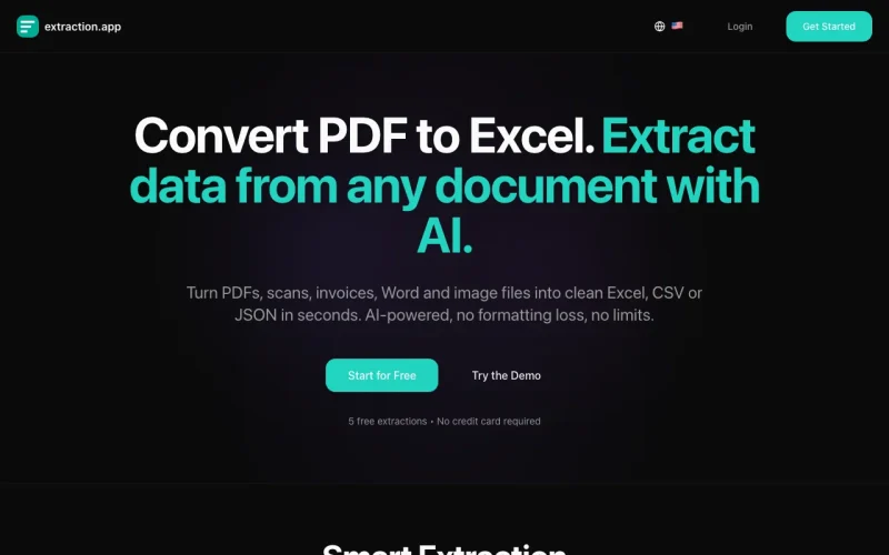 extraction.app homepage screenshot, productivity & writing AI tool