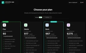 extraction.app pricing page with plans and prices — screenshot of the productivity & writing AI tool, 2026-10-02