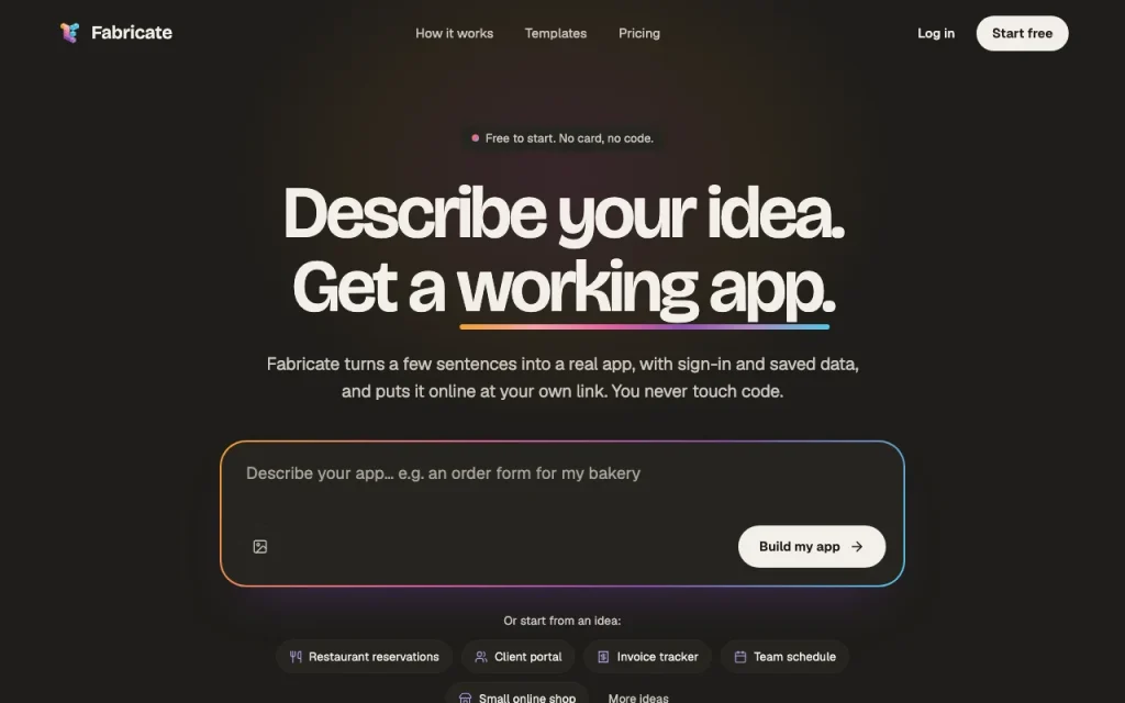 Fabricate página principal — captura de pantalla de la herramienta de IA programación, Oct 2, 2026