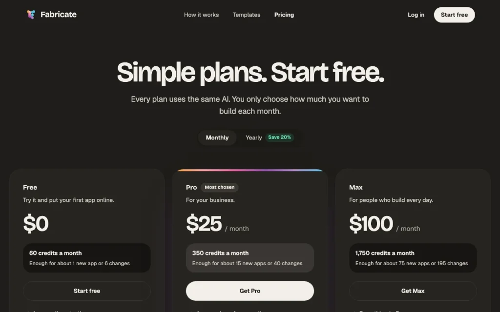 Fabricate pricing page with plans and prices — screenshot of the coding AI tool, Oct 2, 2026