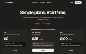 Fabricate pricing page with plans and prices — screenshot of the coding AI tool, 2026-10-02