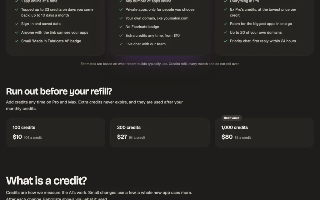 Fabricate página de precios con planes y precios — captura de pantalla de la herramienta de IA programación, Oct 2, 2026