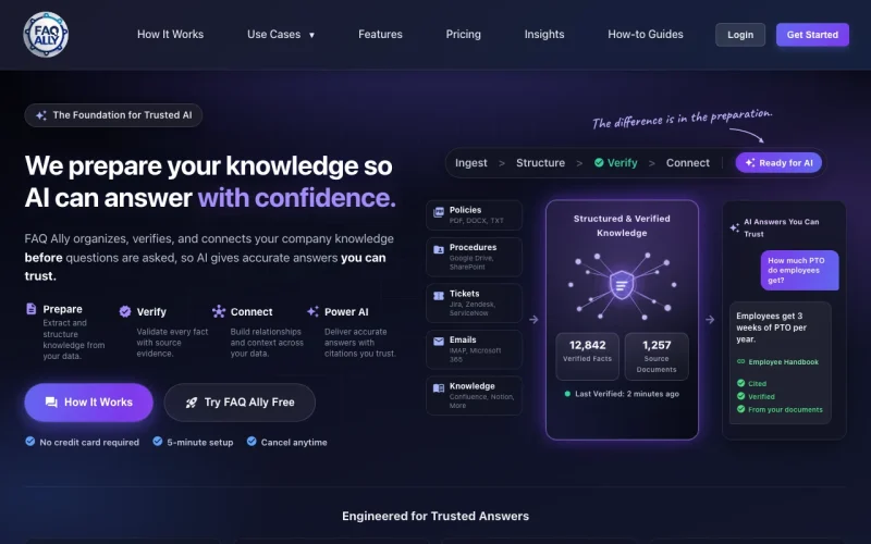 FAQ Ally homepage screenshot, research & search AI tool