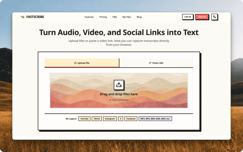 FastScribe homepage screenshot, audio & voice AI tool