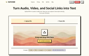 FastScribe homepage — screenshot of the audio & voice AI tool, 2026-10-02