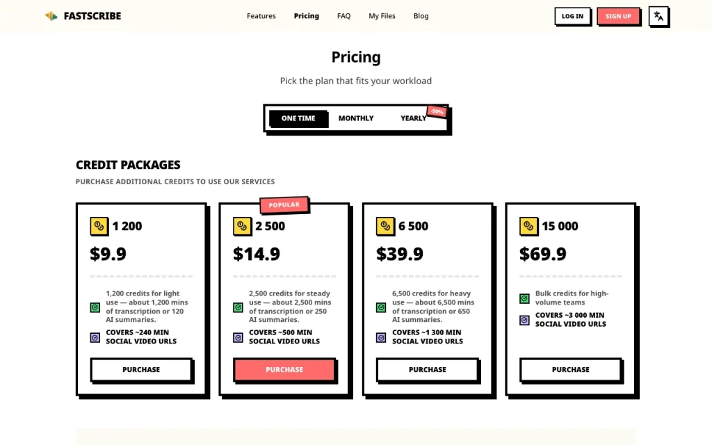FastScribe pricing page with plans and prices — screenshot of the audio & voice AI tool, Oct 2, 2026