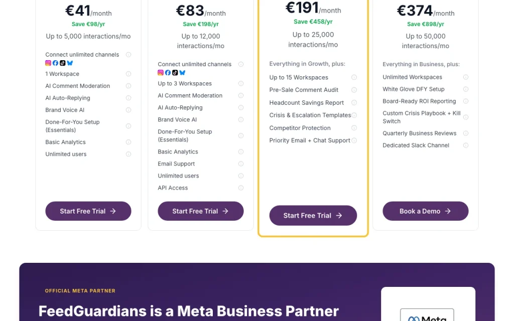 FeedGuardians página de precios con planes y precios — captura de pantalla de la herramienta de IA productividad y escritura, Oct 2, 2026