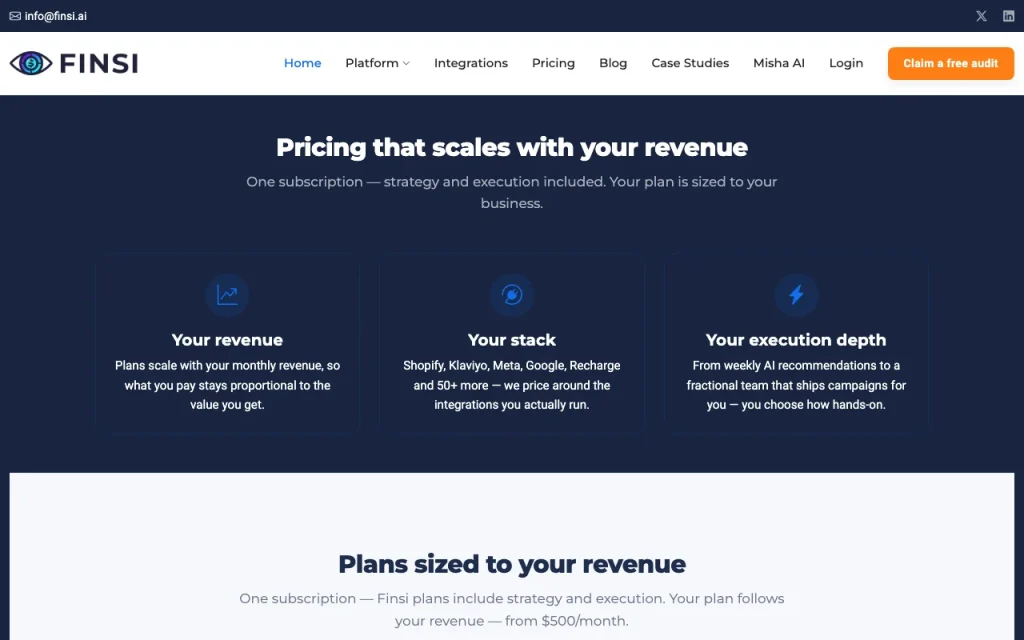 Finsi pricing page with plans and prices — screenshot of the productivity & writing AI tool, Oct 2, 2026