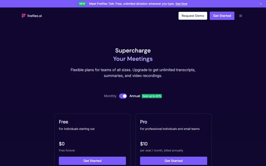 Fireflies.ai pricing page with plans and prices — screenshot of the productivity & writing AI tool, Oct 5, 2026