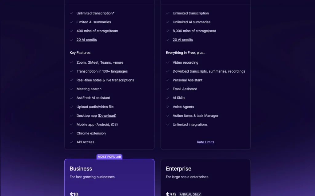 Fireflies.ai pricing page with plans and prices — screenshot of the productivity & writing AI tool, Oct 5, 2026