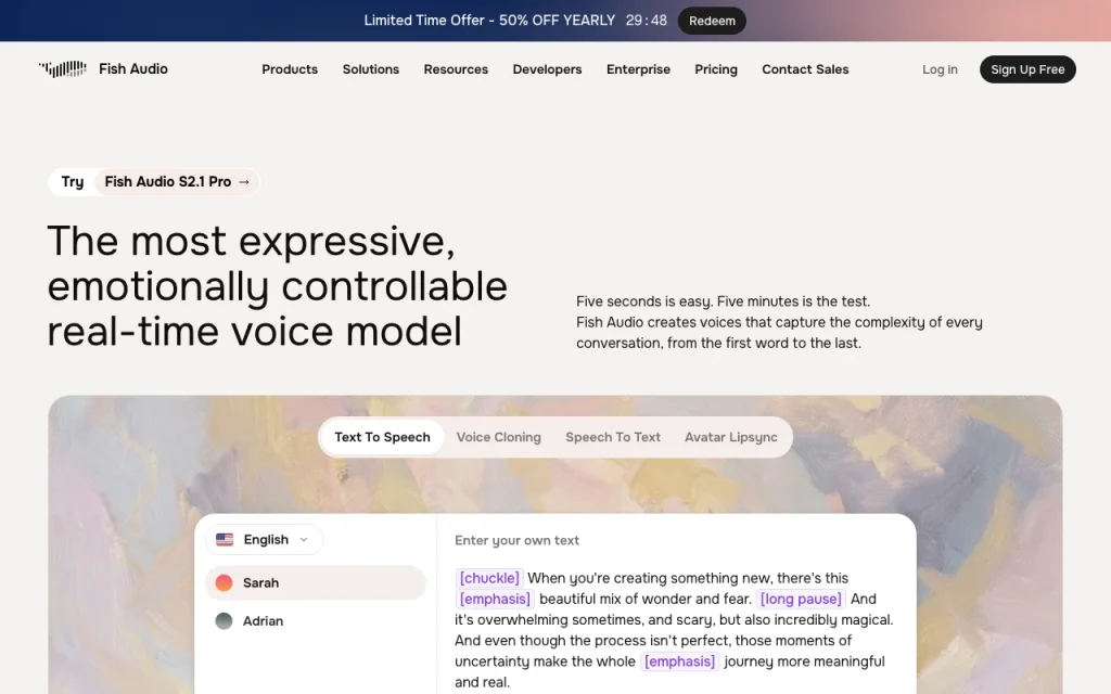 Fish Audio Startseite – Screenshot des KI-Tools audio & sprache, Oct 2, 2026